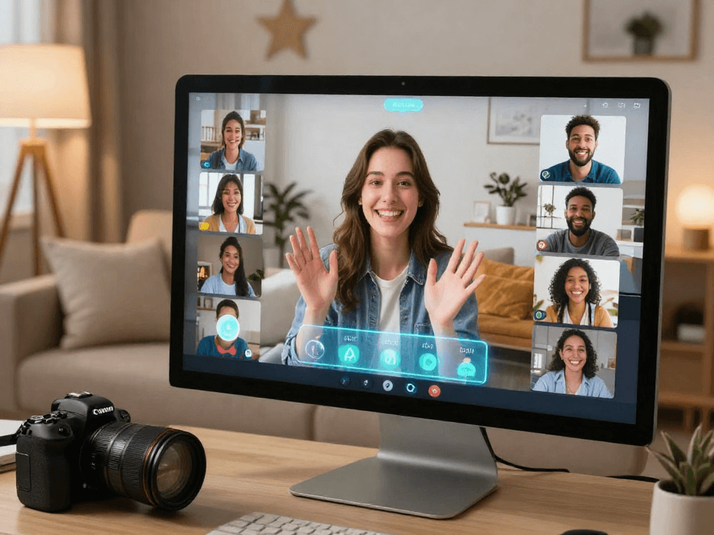 Engaging virtual chat about porn ai chat with diverse avatars, inviting home setting and modern tech.