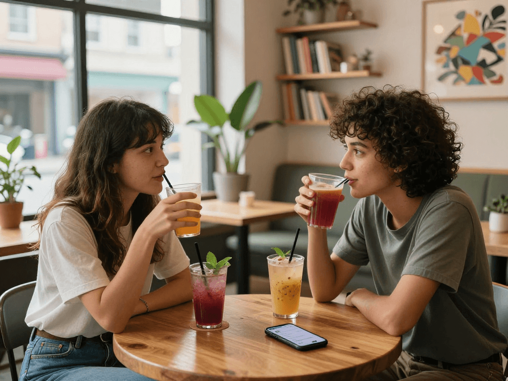 Engaging spicy chat moment between friends at a cozy café, showcasing conversation and app interaction.
