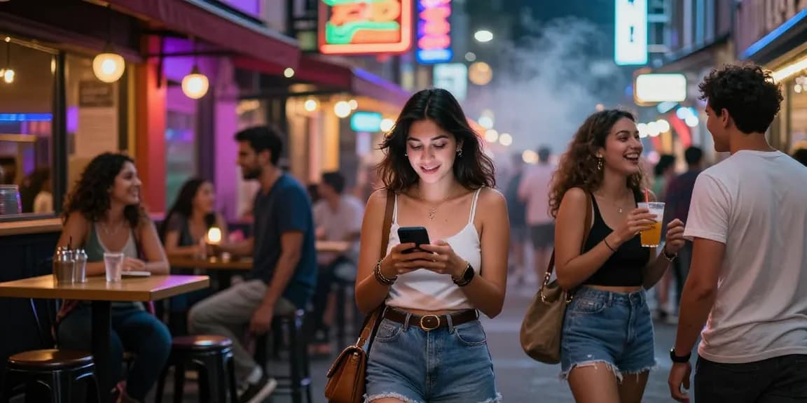 Phụ nữ tự tin trong đêm neon, tượng trưng cho gái gọi và cuộc sống về đêm trí thức.