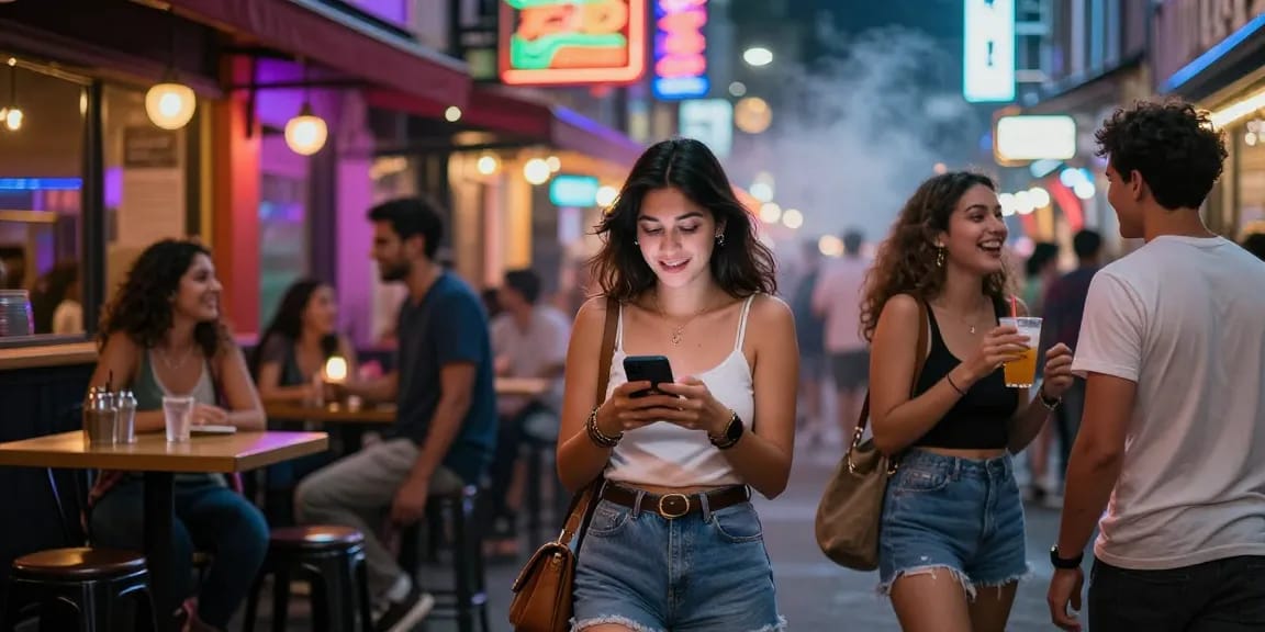 Phụ nữ tự tin trong đêm neon, tượng trưng cho gái gọi và cuộc sống về đêm trí thức.