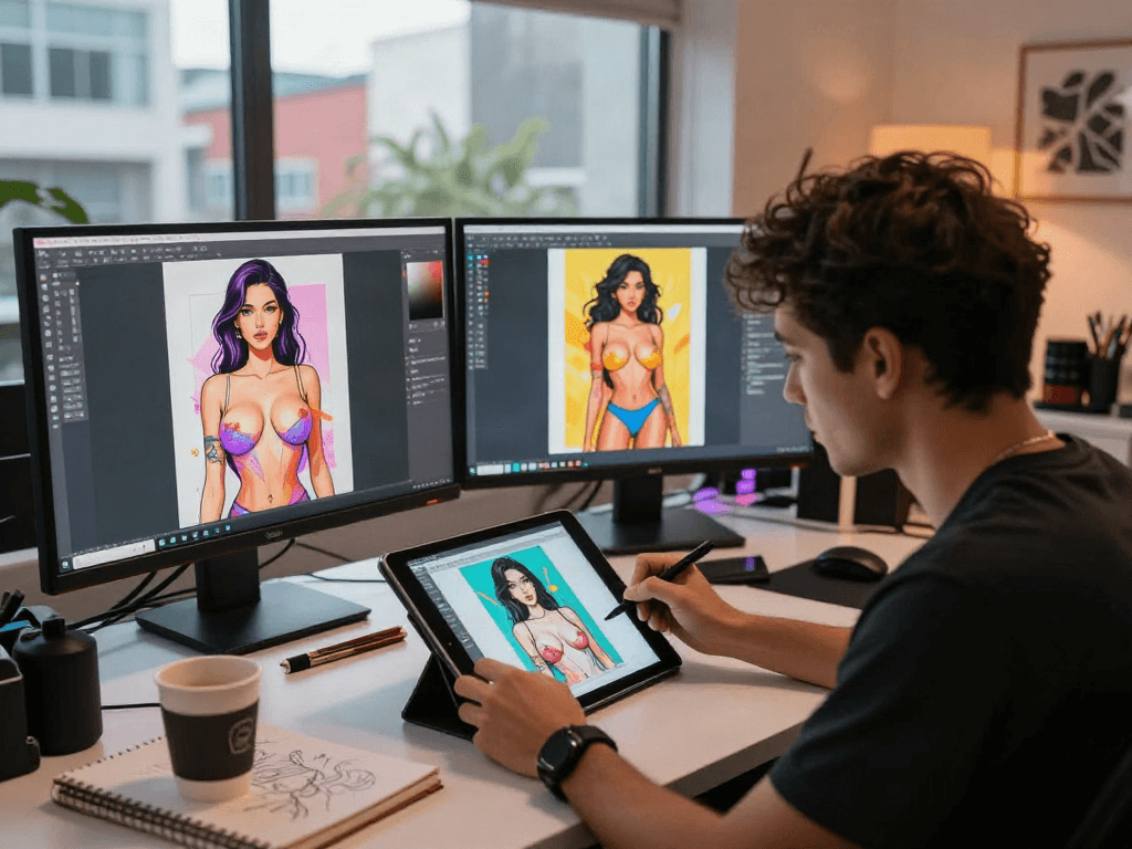 Artist using a porn ai generator in a vibrant studio with advanced technology.