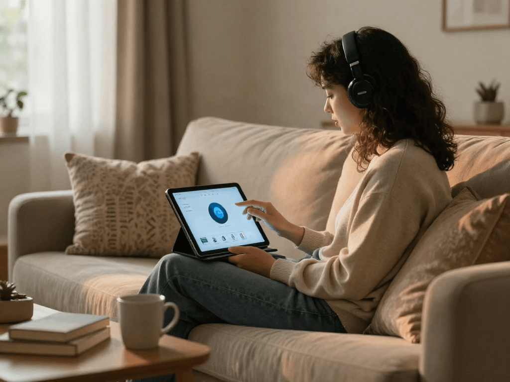 Engaging in a sex AI chat on a tablet in a cozy living room