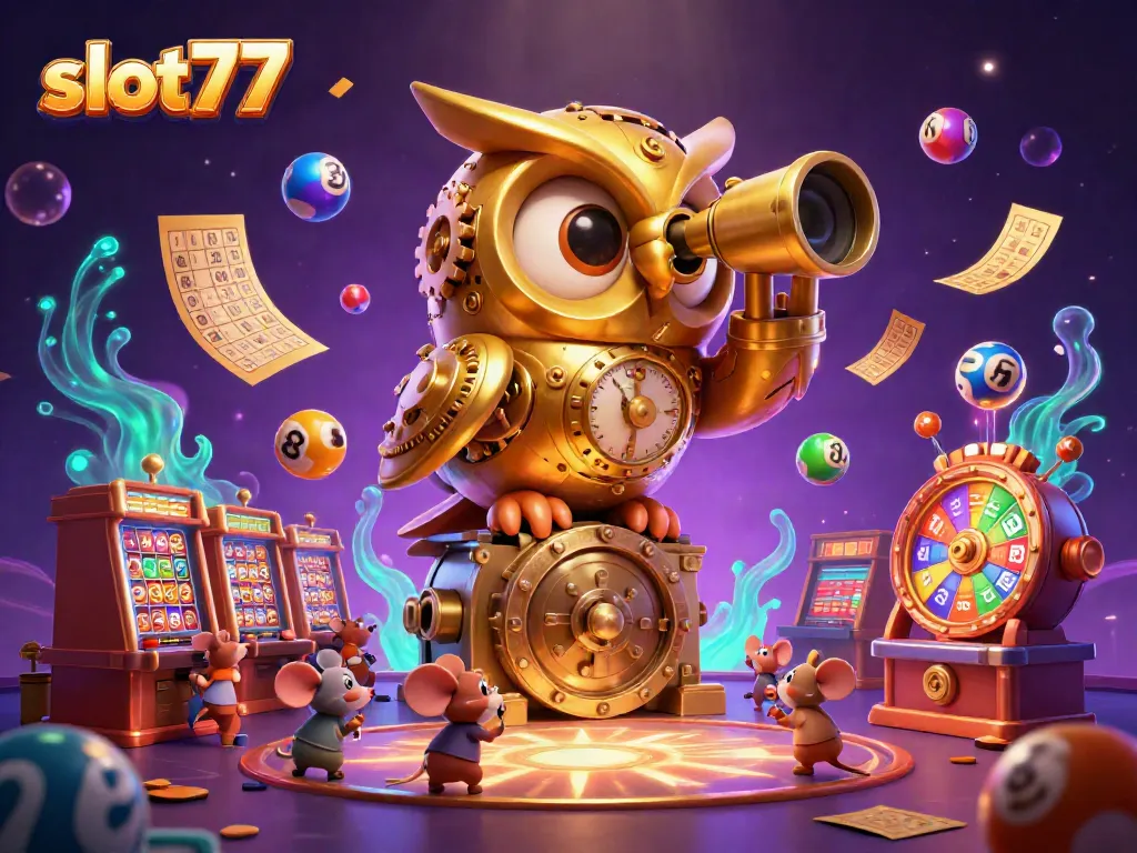 Mengambil kesempatan jackpot di slot77 dengan simbol keberuntungan dan elemen kasino yang penuh warna.
