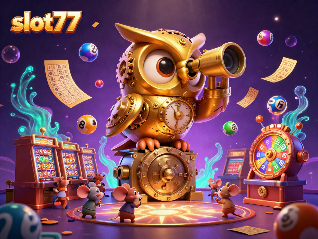 Mengambil kesempatan jackpot di slot77 dengan simbol keberuntungan dan elemen kasino yang penuh warna.