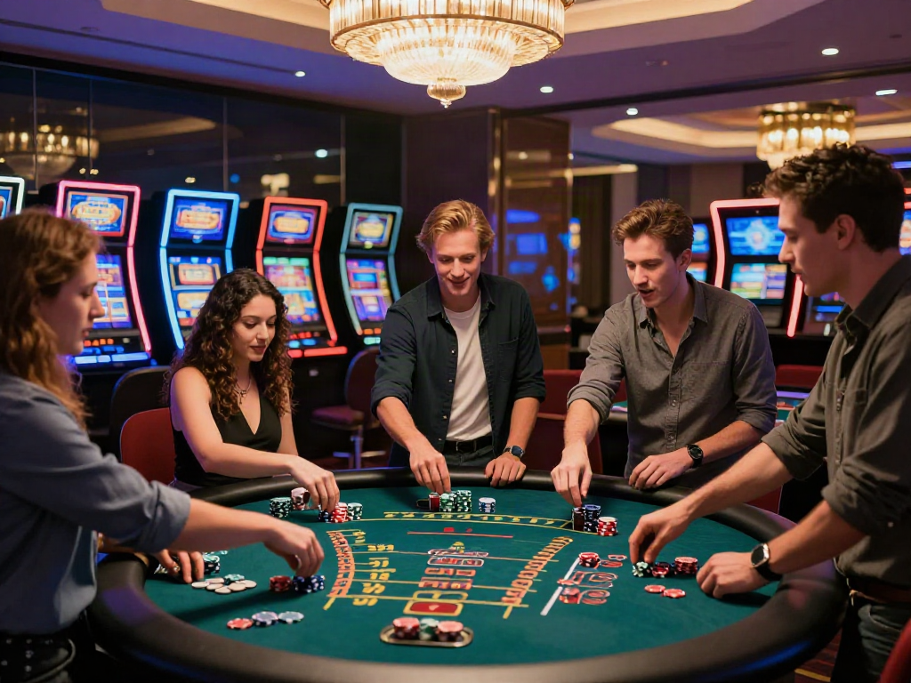 Group enjoying an exciting akunjp gaming experience around a casino table.