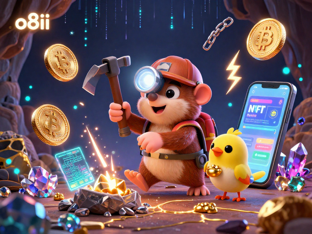 Engage with o8ii's digital gaming realm where a treasure hunter mole and canary uncover crypto treasures in a vibrant casino environment.