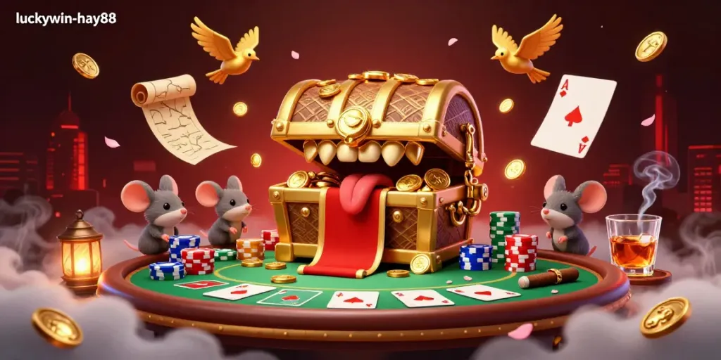Engage with luckywin-hay88 by exploring a vibrant casino scene filled with treasures and players.