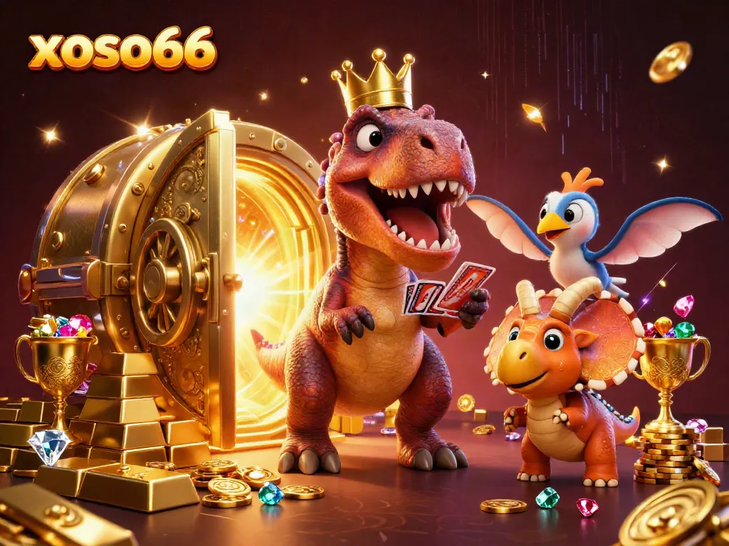 Experience the vibrant casino excitement with xoso66 as T-Rex shuffles cards and treasures burst forth.