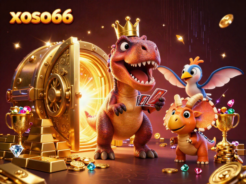 Experience the vibrant casino excitement with xoso66 as T-Rex shuffles cards and treasures burst forth.