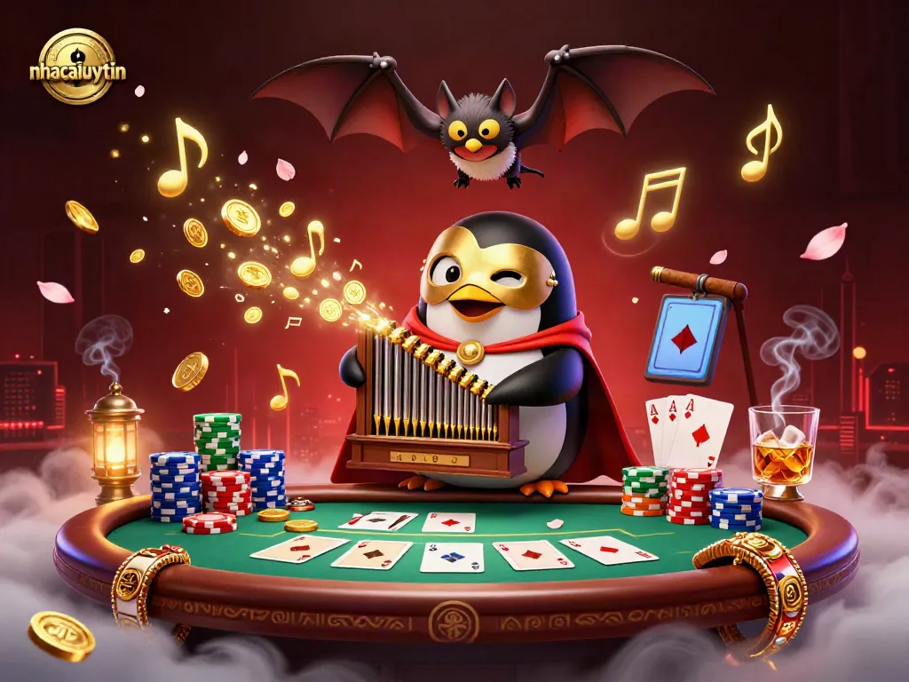 Experience thrilling gameplay with nhacaiuytin featuring a vibrant 3D casino scene of a phantom penguin playing a golden pipe organ.