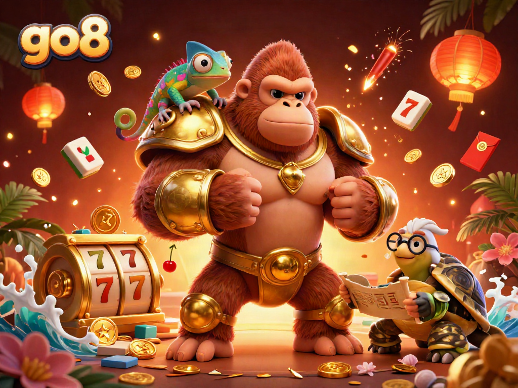 Experience thrilling wins with go8's vibrant casino illustration featuring a gorilla king and lucky symbols.