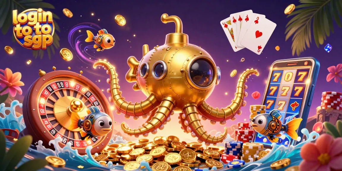 Experience the thrill of login toto sgp with a dynamic scene of a golden kraken submarine amidst vibrant casino elements.