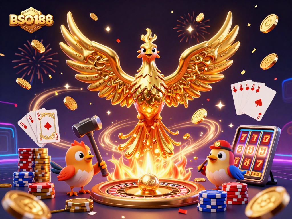 Experience the thrill of BSO188 with a vibrant, dynamic casino scene featuring a golden phoenix and exciting game elements.