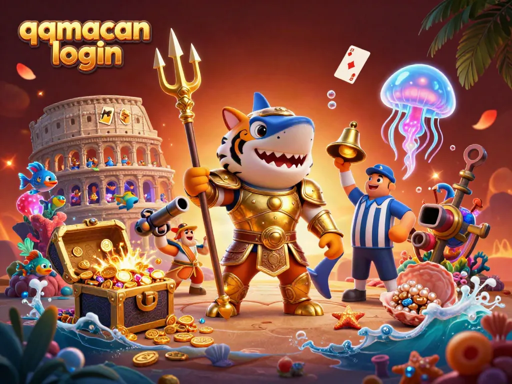 Join the excitement of gaming at qqmacan login as you encounter a shark gladiator in an underwater colosseum.
