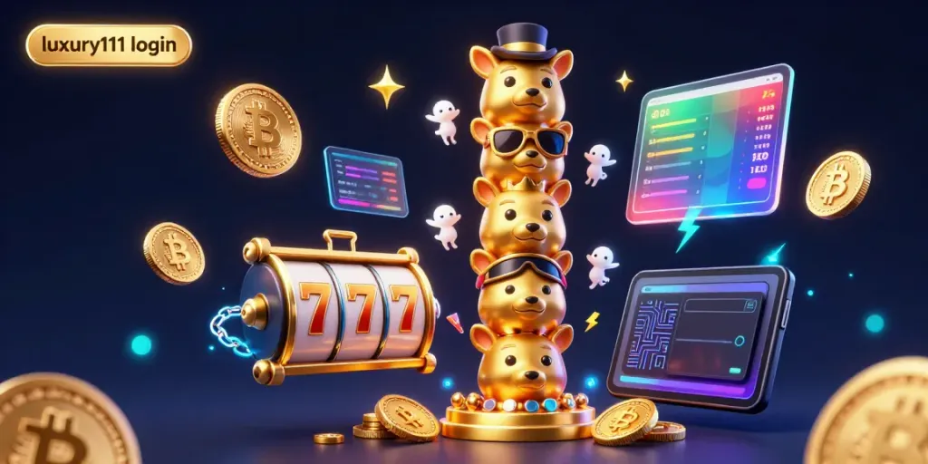 Engage with the vibrant luxury111 login scene featuring a golden totem pole, slot reels, and crypto elements.