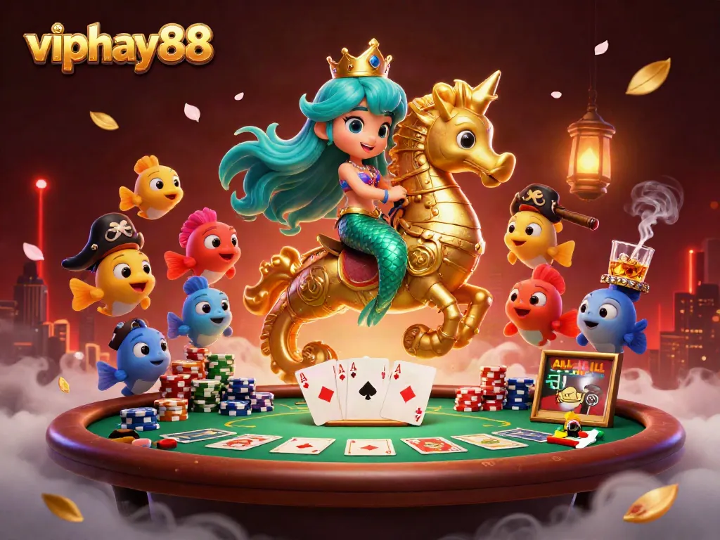 Engage in thrilling moments of online gambling with viphay88's vibrant casino-themed scene featuring lively characters and dynamic game elements.