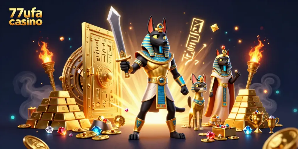 Engage in thrilling action at 77ufa casino with Anubis and Bastet amidst treasures and jackpots.