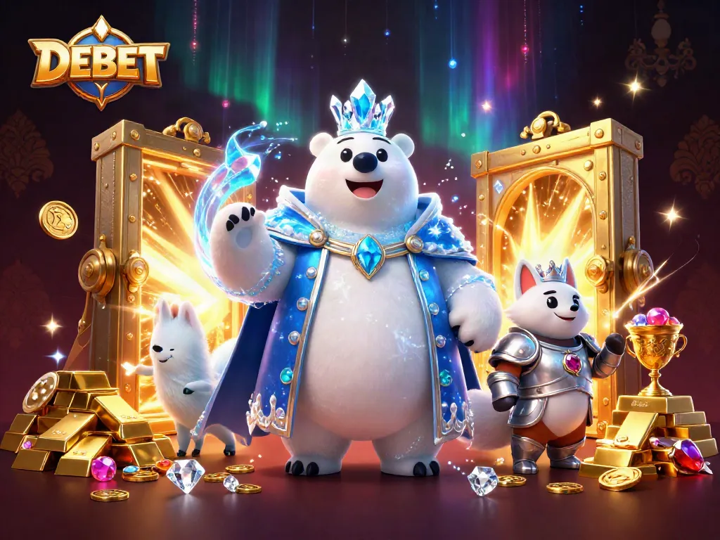 Win big with DEBET in this vibrant 3D casino scene featuring an ice king and treasure galore.