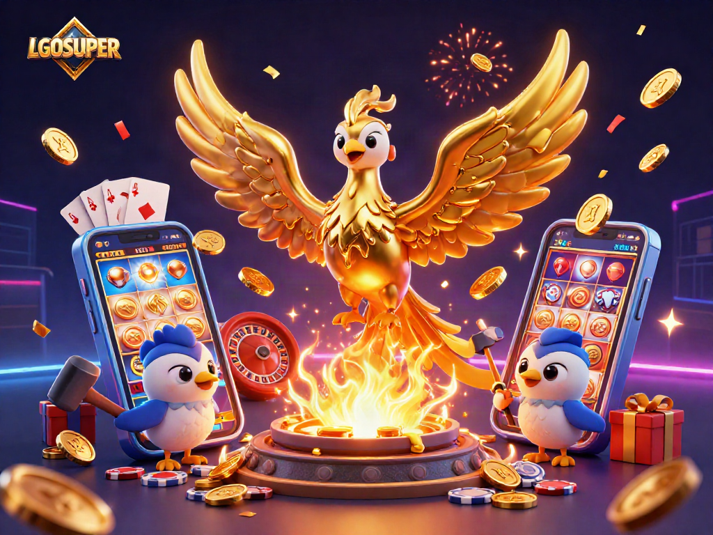 Experience the thrilling LGOSUPER gaming adventure with vibrant gold coins, spinning reels, and a captivating phoenix.