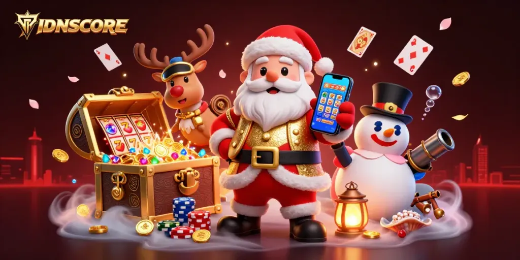 Engage with IDNSCORE's vibrant casino world featuring a festive scene with Santa, games, and treasures.