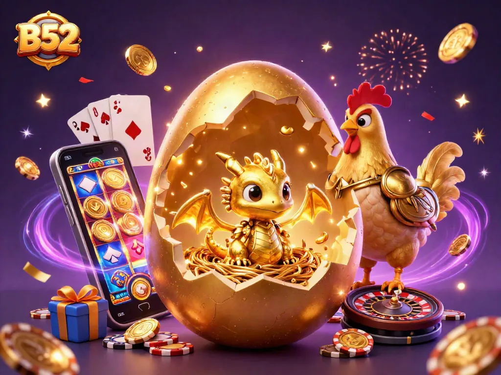 B52 celebrates with golden dragon, poker chips, and slot game excitement in this vibrant casino illustration.