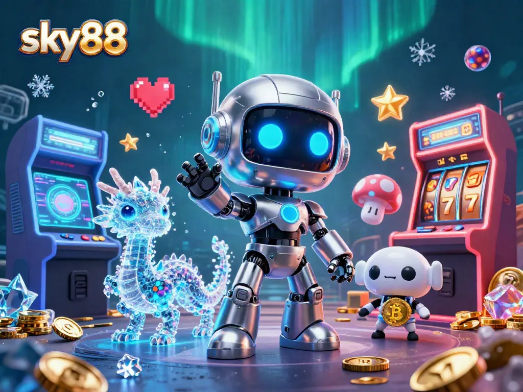Experience thrilling games at sky88 with a dynamic 3D scene of animated characters and casino elements.