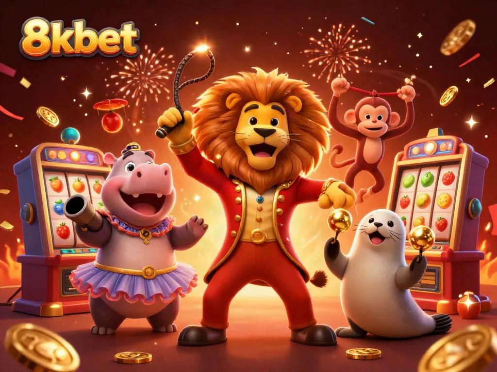 Play thrilling games at 8xbet with a vibrant 3D circus scene featuring exciting characters and slot machines.