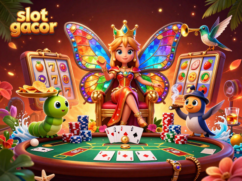 Rasakan keseruan slot gacor dengan ilustrasi ratu kupu-kupu 3D, simbol keberuntungan, dan Joker kasino dalam satu adegan.