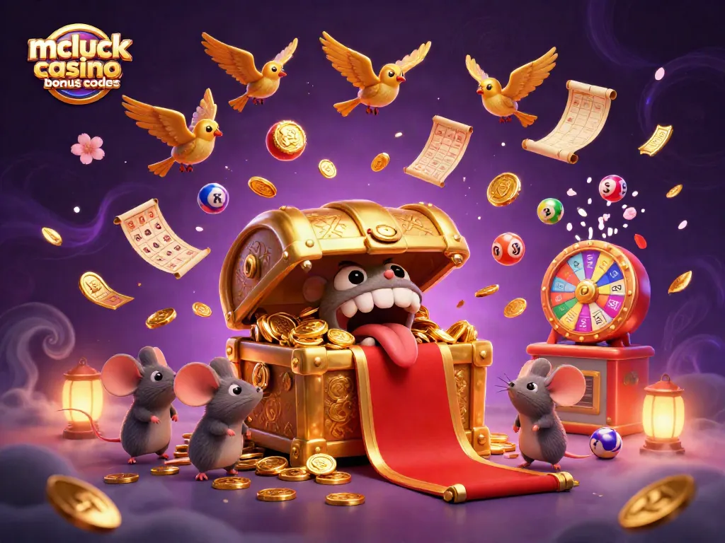 Engage with mcluck casino bonus codes through a vibrant 3D illustration of treasure and gaming excitement.