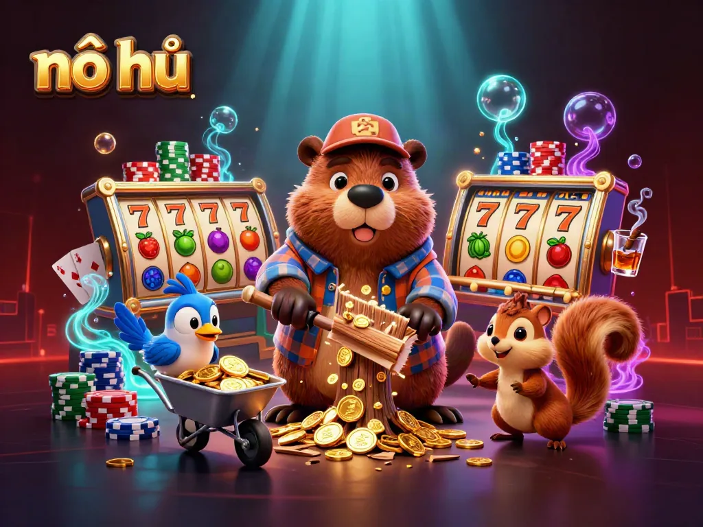 Experience nổ hũ with a golden coin rain from a lumberjack beaver and colorful slot reels.