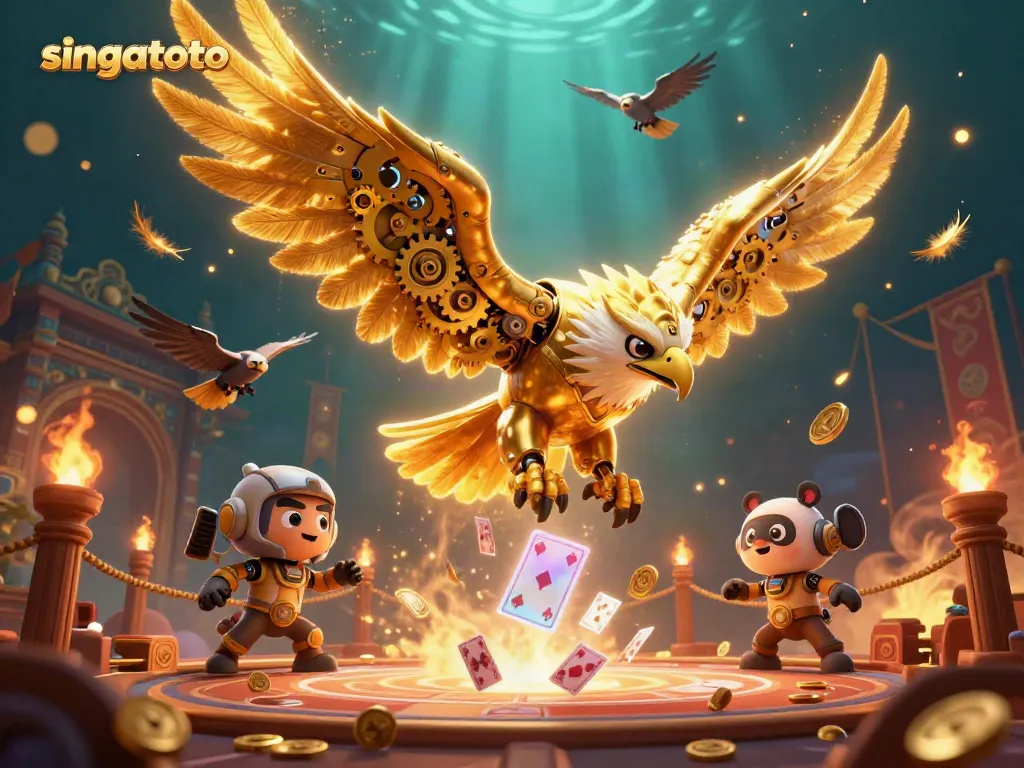 Experience thrill with singatoto's cybernetic eagle soaring through vibrant casino game elements.