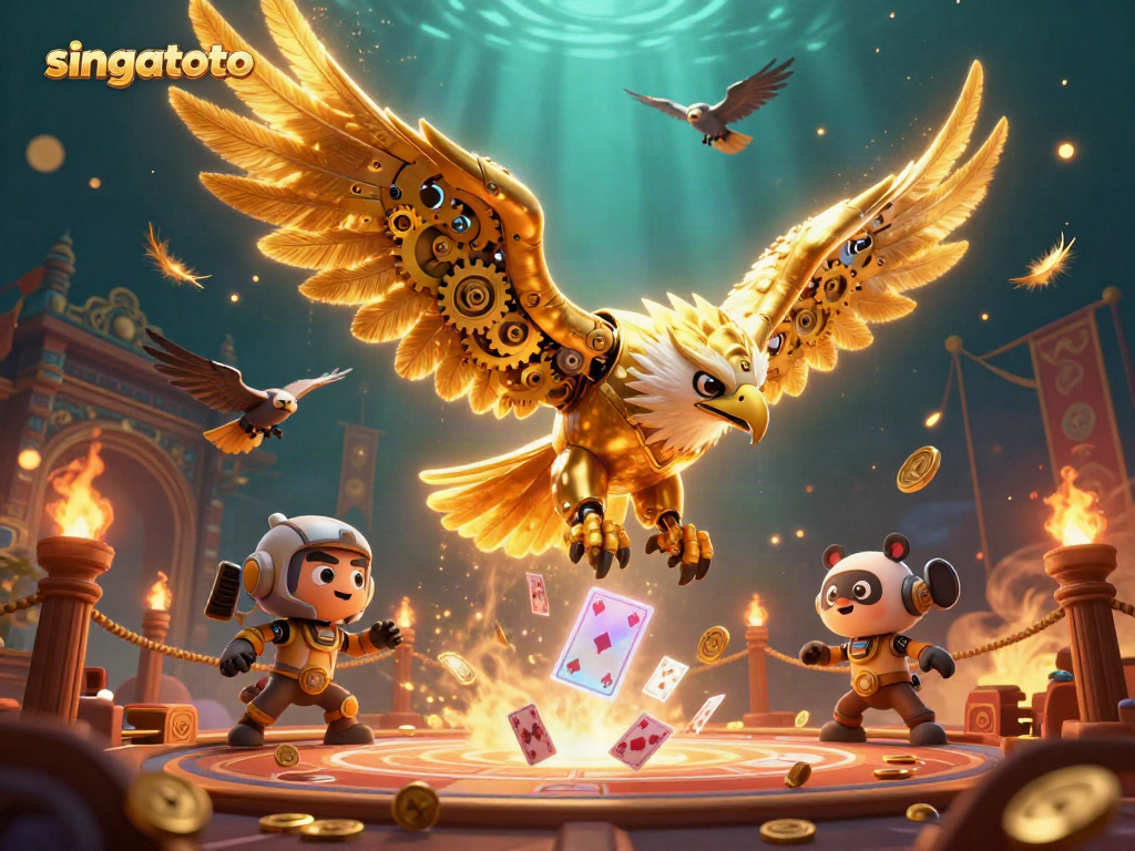 Experience thrill with singatoto's cybernetic eagle soaring through vibrant casino game elements.