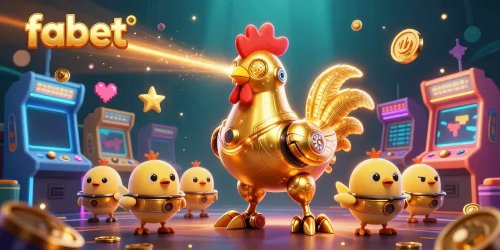 Engage with fabet in a vibrant casino world filled with golden robot characters and animated arcade games.
