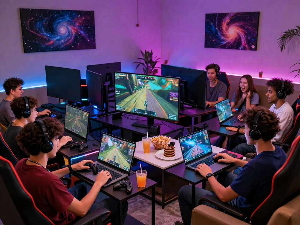 Group of young gamers enjoying the excitement of luxury111 multiplayer gaming with vibrant atmosphere.