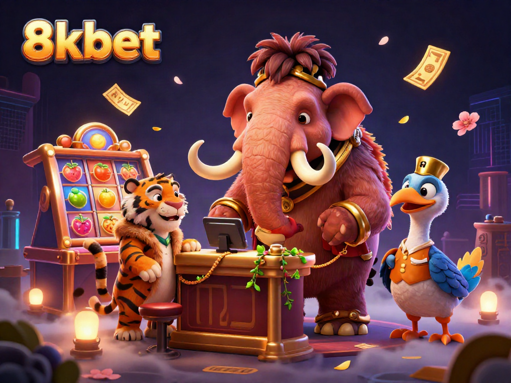 Experience thrilling gaming with 8xbet's dynamic slot reels, jackpot counters, and engaging characters in an exciting casino atmosphere.