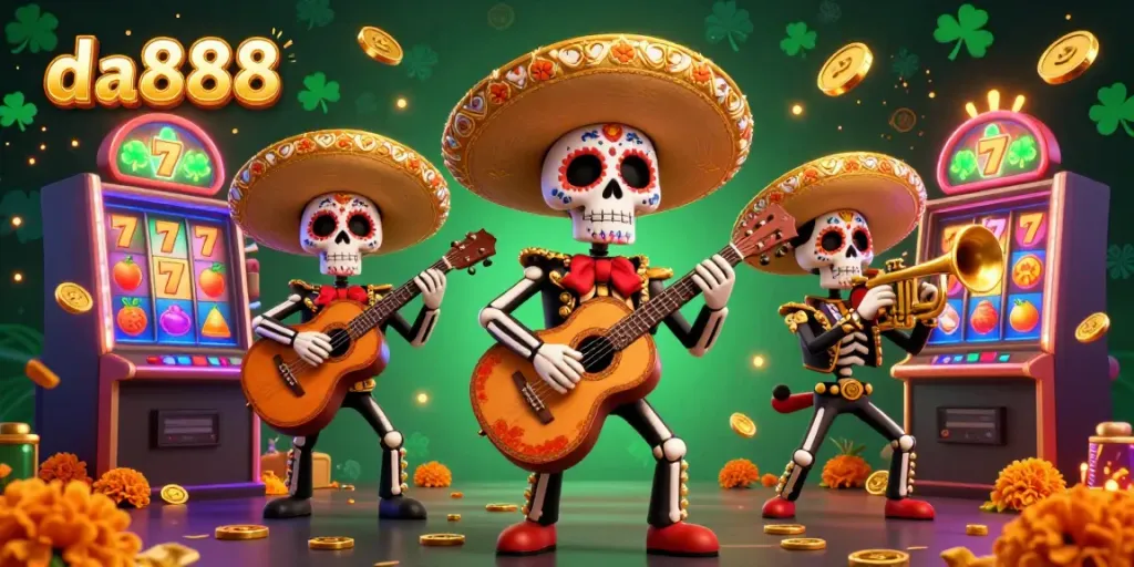 Experience the excitement of da888 with a vibrant Day of the Dead mariachi band amidst colorful slot machines.