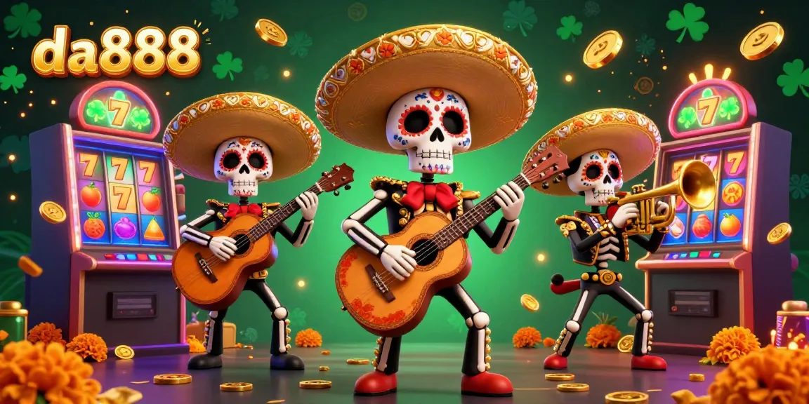 Experience the excitement of da888 with a vibrant Day of the Dead mariachi band amidst colorful slot machines.