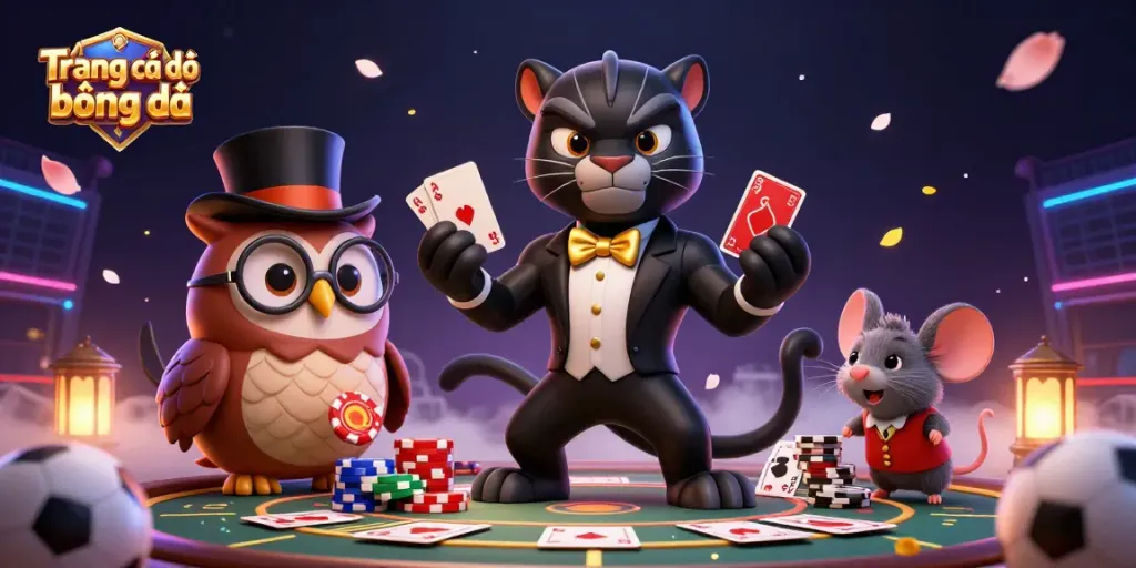 Engage in Trang cá độ bóng đá with a stylish panther, owl, and lucky mouse in a dynamic gaming scene.