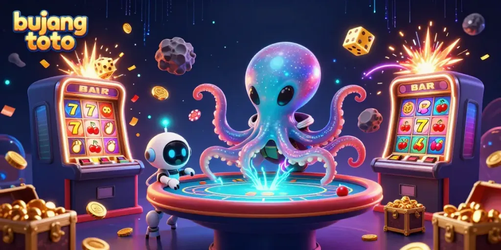 Join the excitement of bujang toto with a dynamic scene showcasing a cosmic octopus at a poker table.