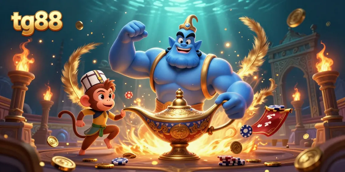 Engage in thrilling gaming adventures with tg88’s enchanting genie and monkey, surrounded by casino riches.