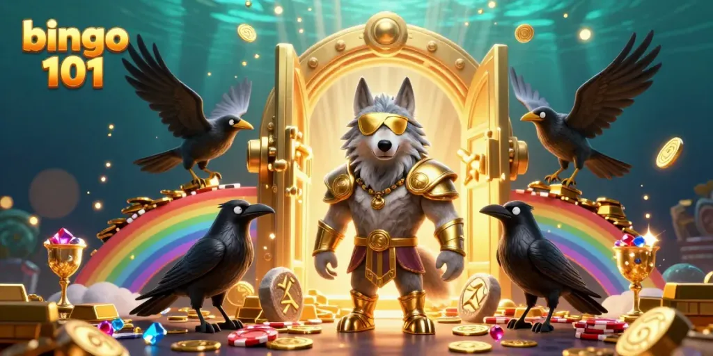Experience the thrilling world of bingo 101 with vibrant characters and golden rewards in a captivating 3D scene.