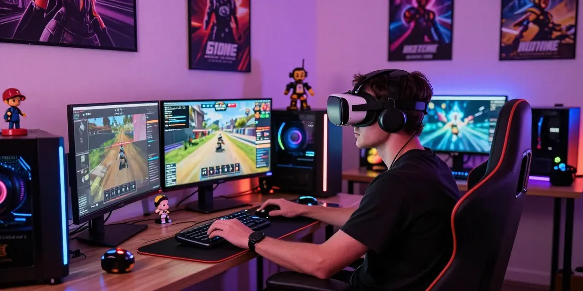 Gamer dengan headset VR dalam pengalaman gaming luxury111 yang imersif dan modern.
