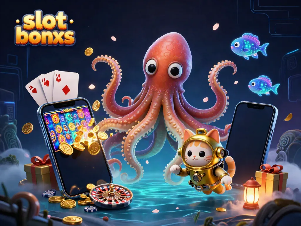 Experience thrilling slot bonus action with a kraken, diving cat, and vibrant gaming elements.