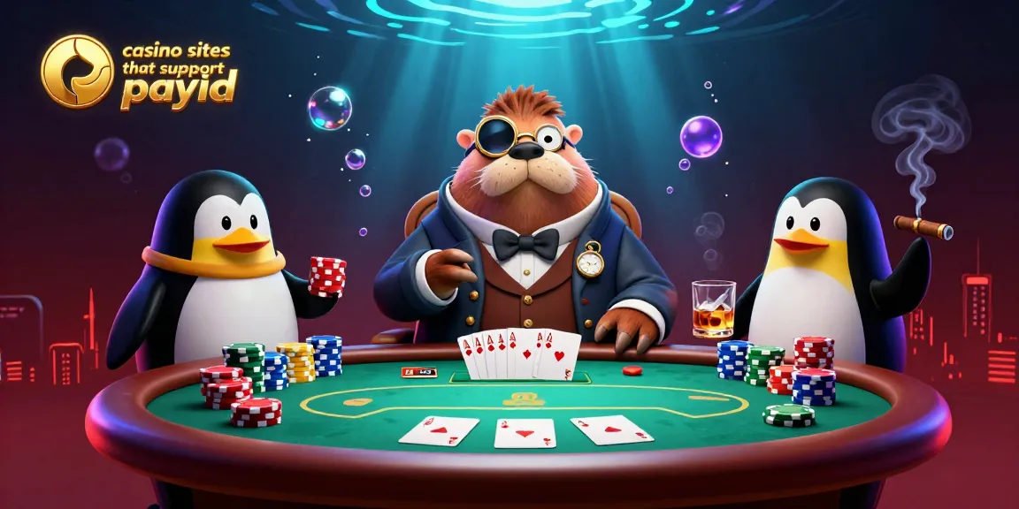 Engage with the vibrant underwater poker scene at casino sites that support PayID featuring a jolly walrus, classy dealer, and bluffing player.