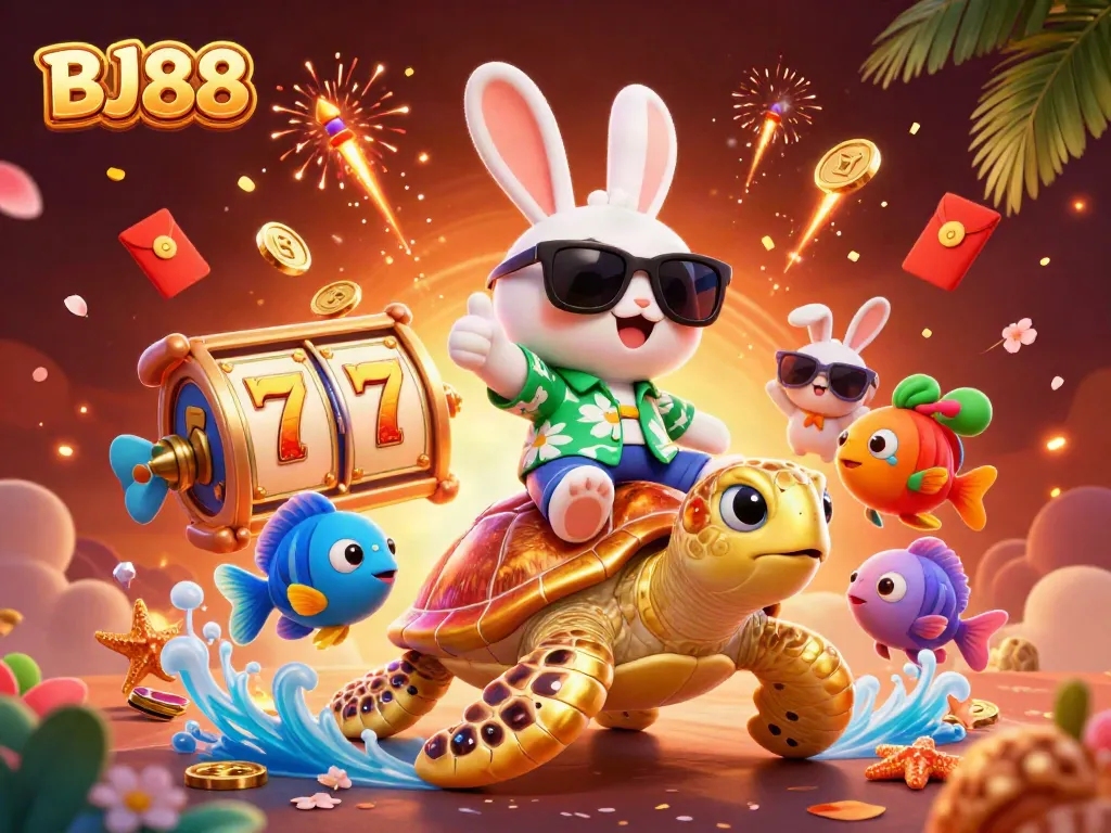 BJ88 showcases a cartoon rabbit and golden turtle in a vibrant casino scene filled with slot elements and festive decorations.