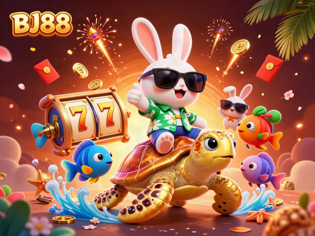 BJ88 showcases a cartoon rabbit and golden turtle in a vibrant casino scene filled with slot elements and festive decorations.