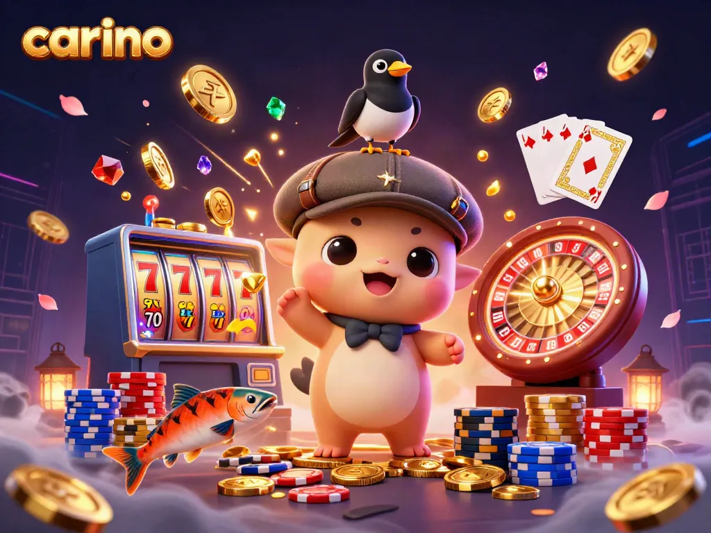 Engaging illustration of carino illustrating playful characters in a vibrant casino scene, showcasing slot machine reels and poker elements