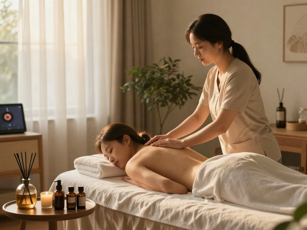 Serene 용인출장마사지 scene with a therapist providing relaxation in a cozy home environment