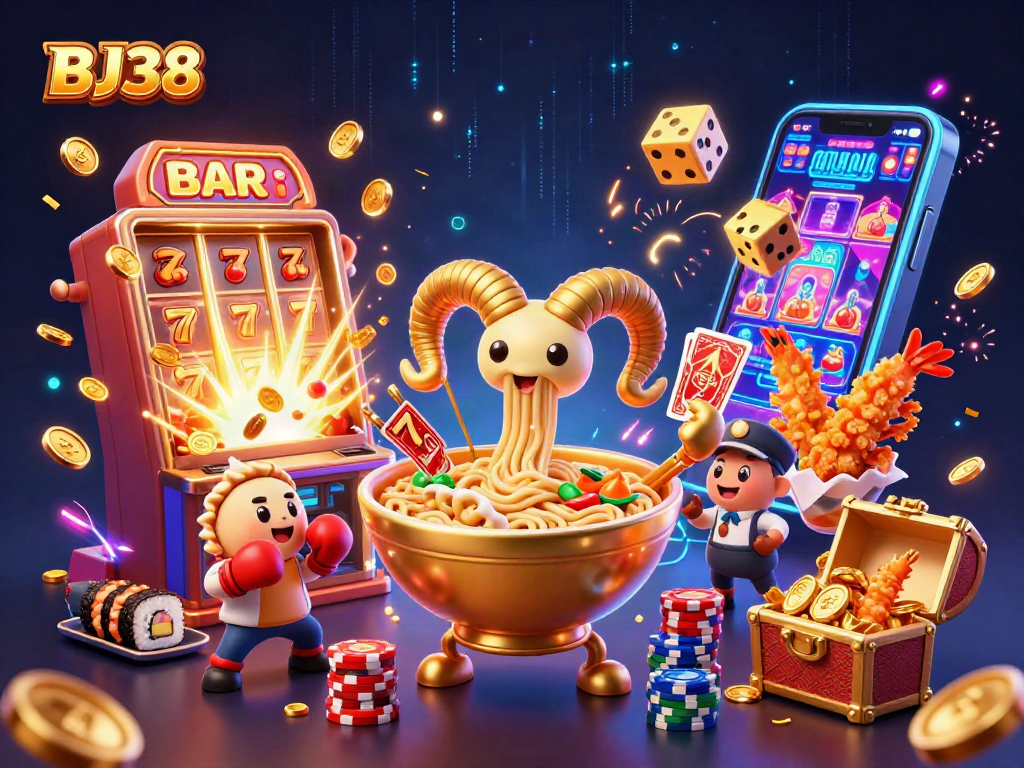 Engage with BJ38's vibrant casino scene featuring lively characters and rich gaming elements.