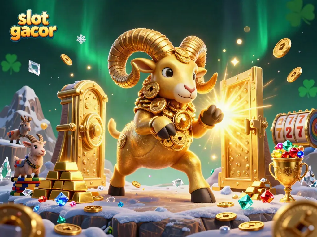 Experience the excitement of slot gacor with a charging golden ram and riches overflowing in a magical casino scene.